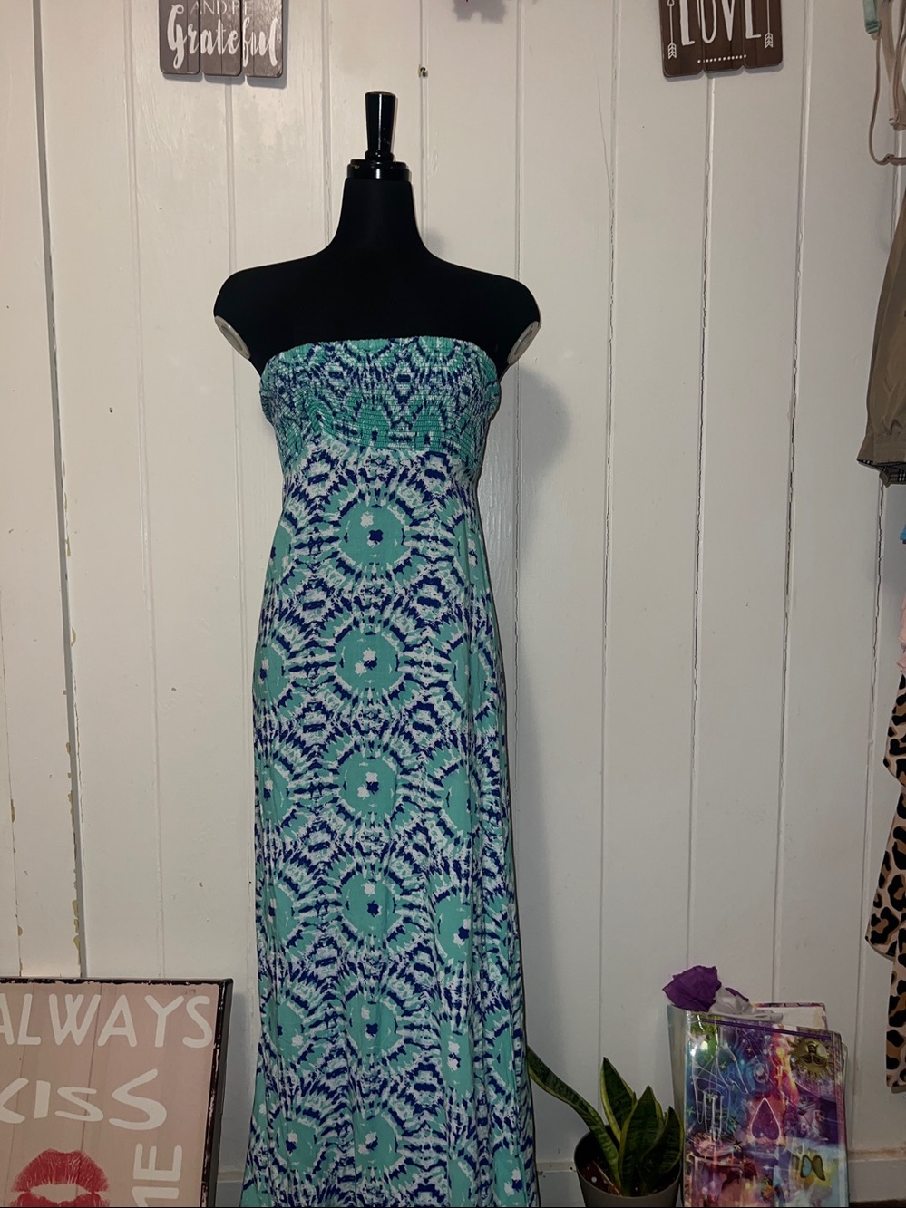 ❤️💕 Tori Richard Strapless Aqua & Navy Printed Maxi Dress 6